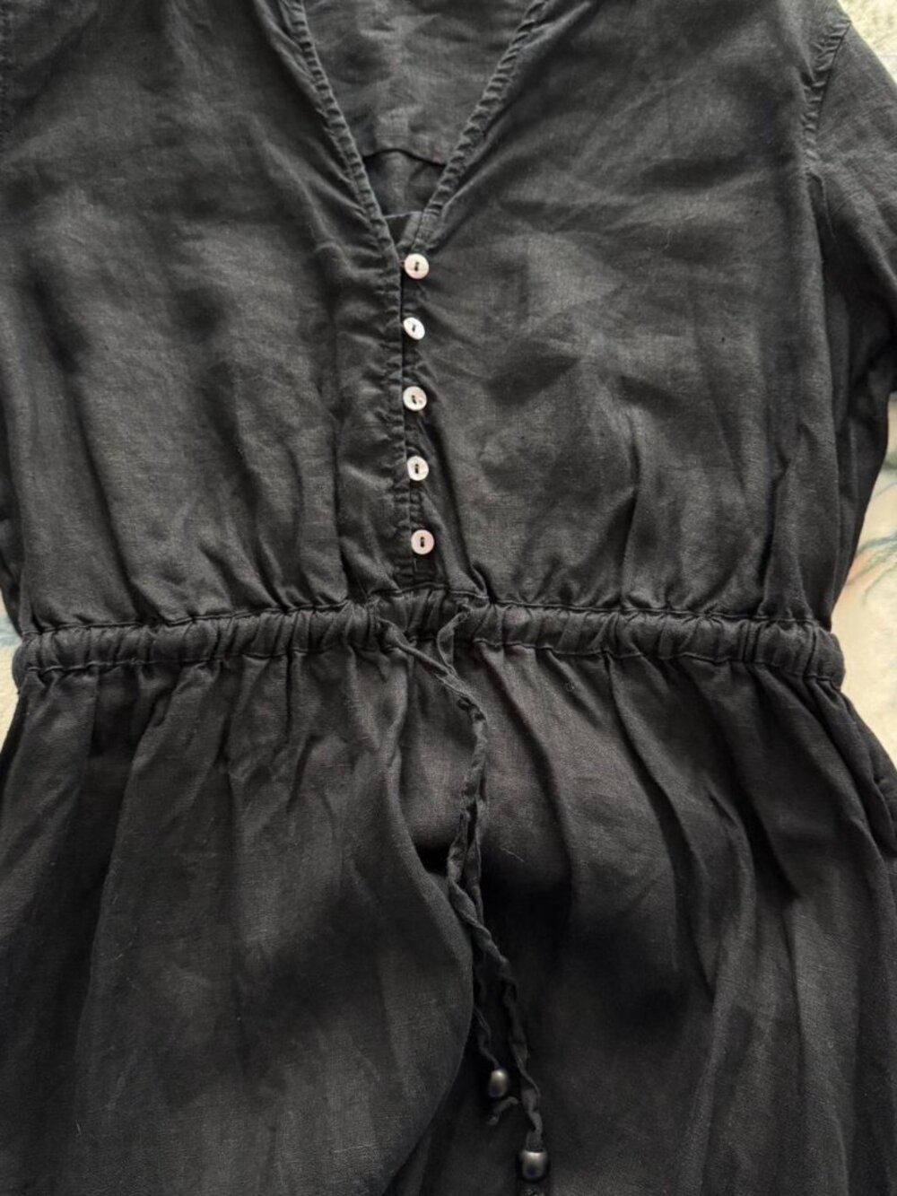 Tahari 100% linen black maxi dress with cute detailing on cuffs and hem